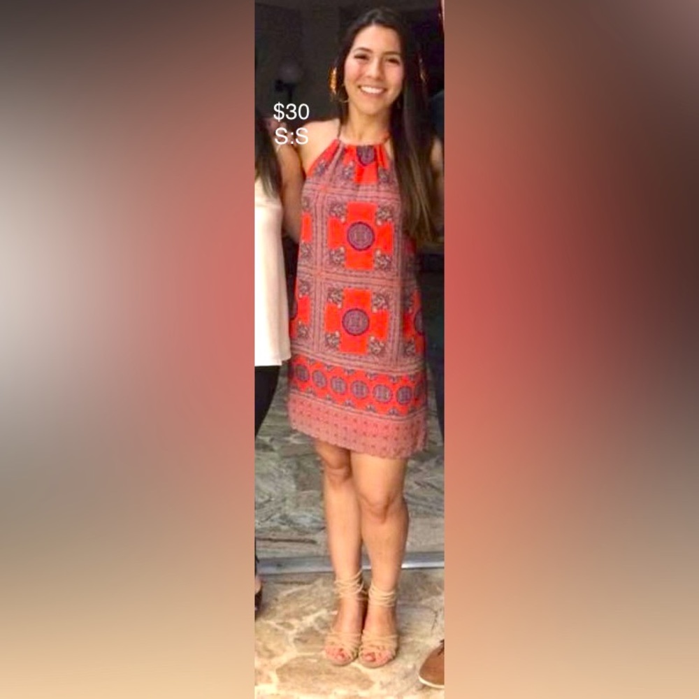 Lulu’s Coral Red Print Halter Dress, size S.